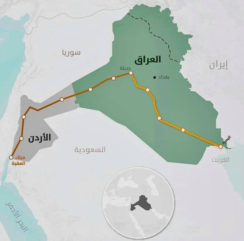 251136903_1320422075077514_1143602540090190971_n_1 - عروبة الاخباري | Oroba News Map of Iraq in green showing an orange, dotted route across from Kuwait toward Jordan with city markers (e.g., Baghdad) and border areas.