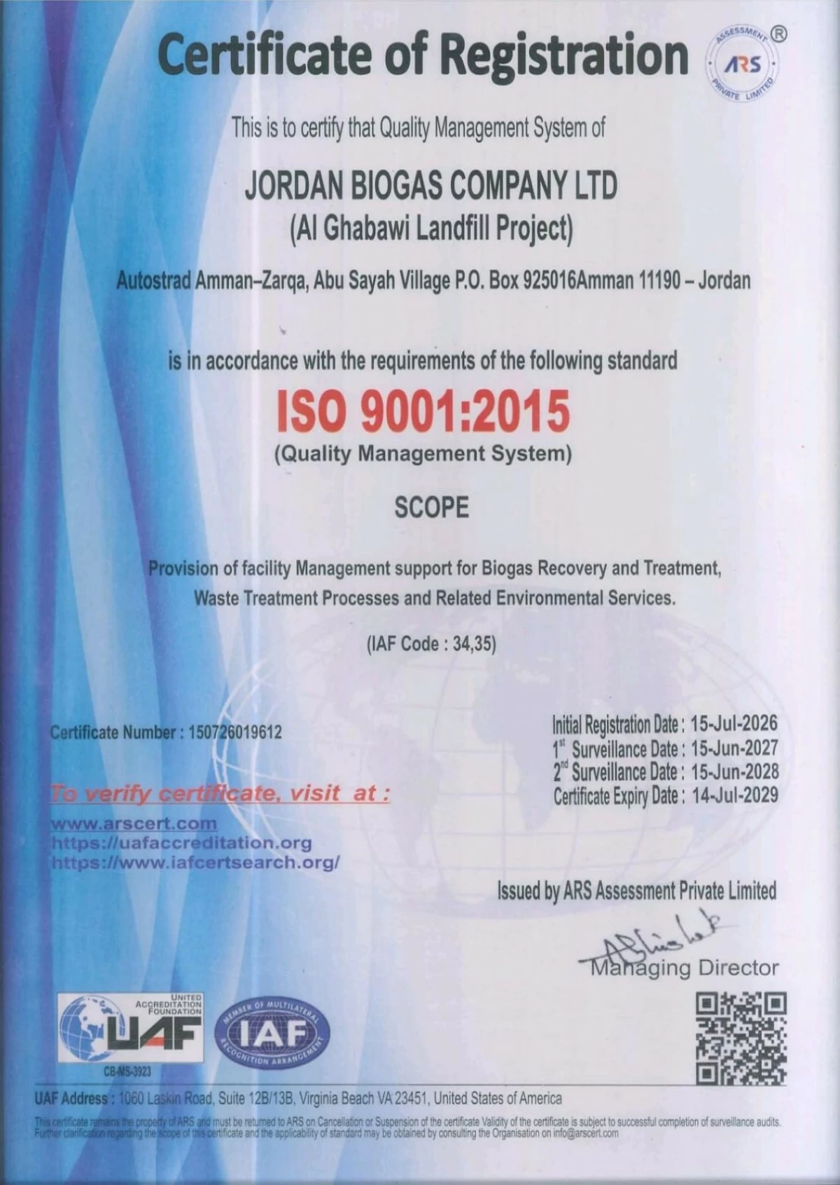 757326 Certificate of Registration showing ISO 9001:2015 for Jordan Biogas Company Ltd (AI Ghabawi Landfill Project); scope includes facility management for biogas recovery and related environmental services.
