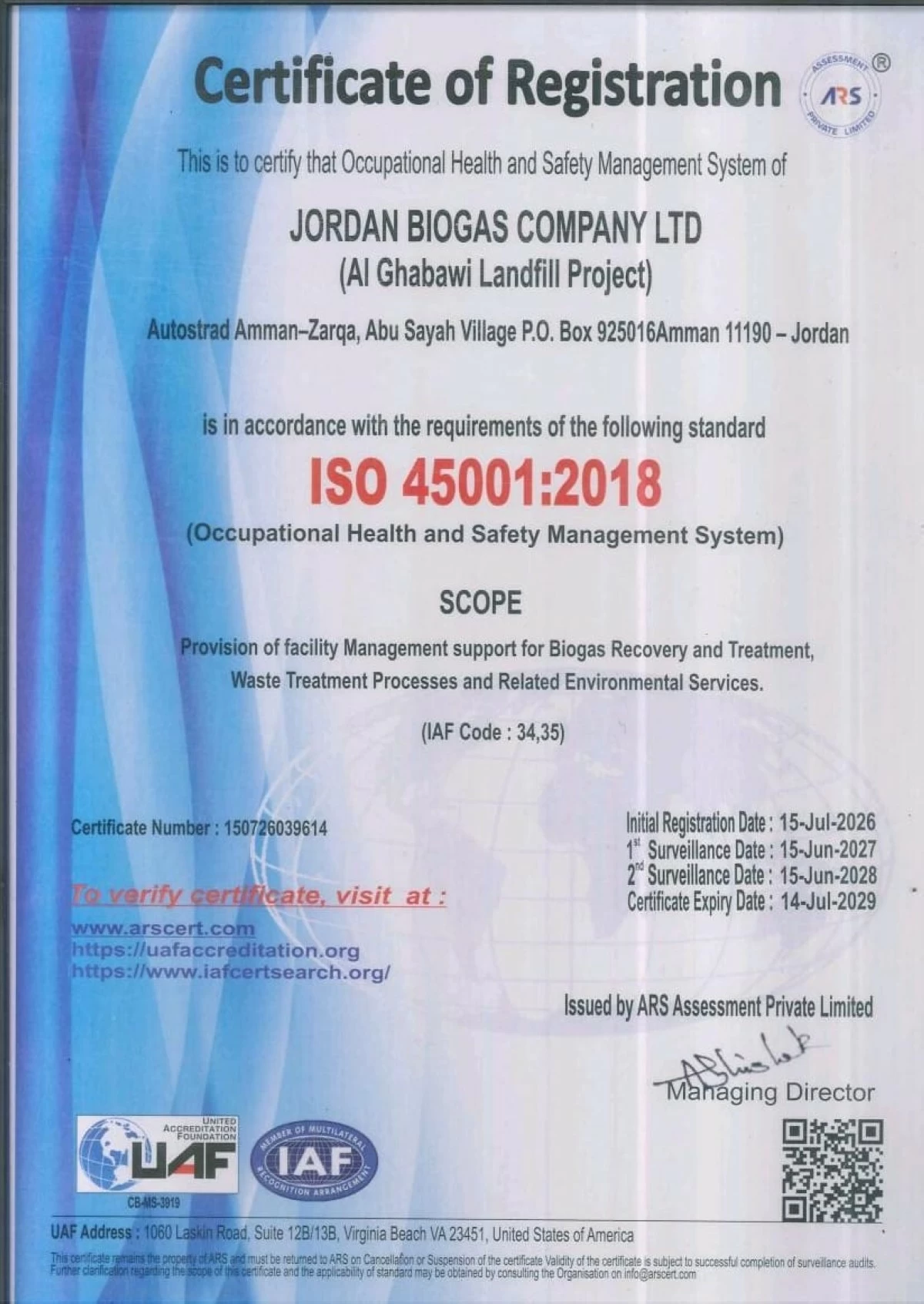 757328 Certificate of Registration for JORDAN BIOGAS COMPANY LTD – ISO 45001:2018 Health and Safety Management System