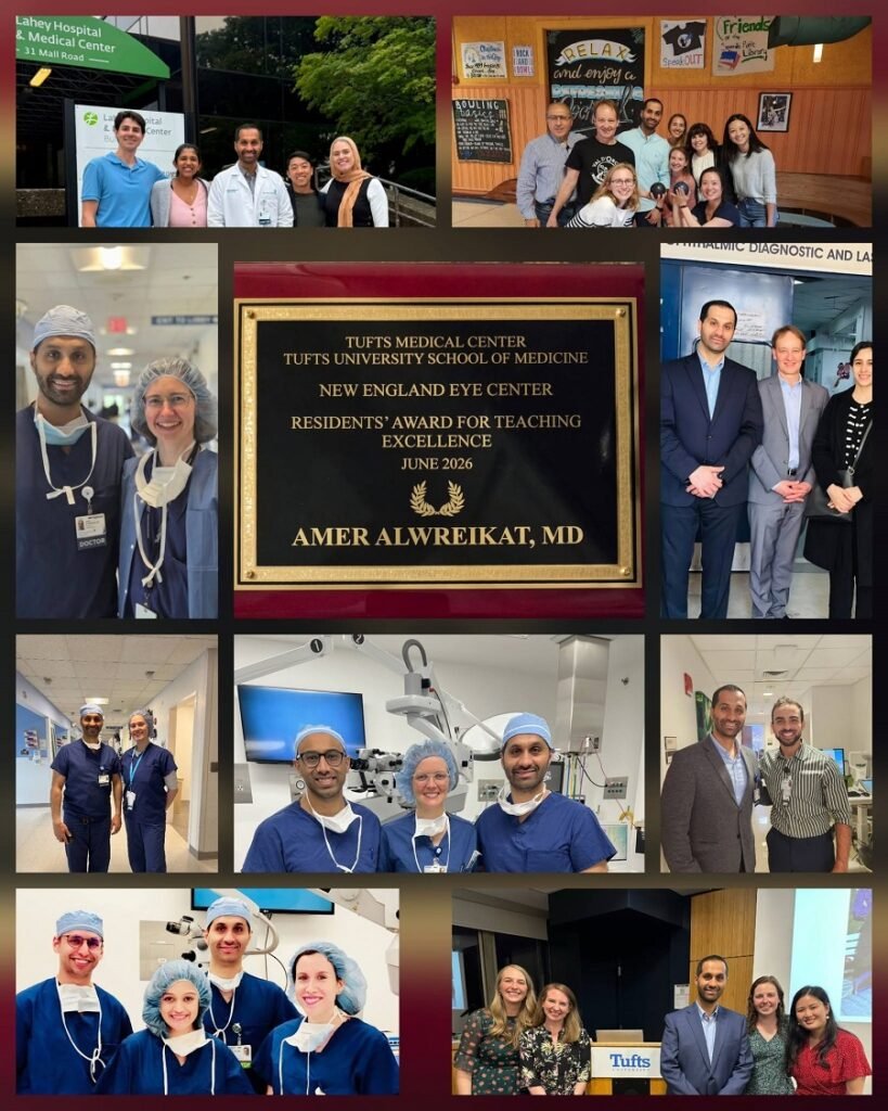 758953853_994322423432737_2006039935744922438_n - عروبة الاخباري | Oroba News Collage of Tufts Medical Center staff photos: doctors and nurses posing outside, in surgical scrubs, and at a ceremony with a plaque honoring Amer Alwreikat, MD.