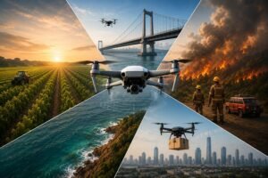Drone at center with a collage of uses: farming, bridge inspection, wildfire response, coastal coastline, and urban package delivery.