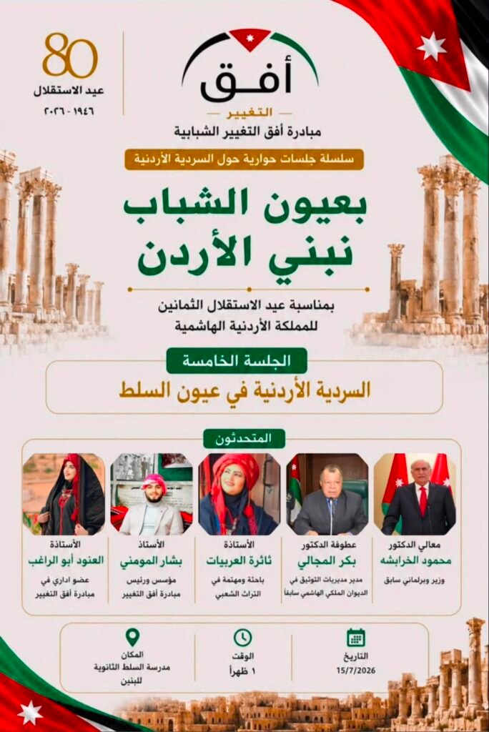ملصق بالعربية يعلن مبادرة شبابية بمناسبة عيد استقلال الأردن 2026، مع صور المتحدثين وأسماءهم وخلفية مع معالم أثرية وعلم الأردن.