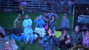 Group of people in rain ponchos and jackets on grass at an outdoor event, many holding umbrellas in the rain at dusk.