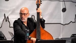 Bald man with glasses and gray beard playing a wooden double bass on stage.