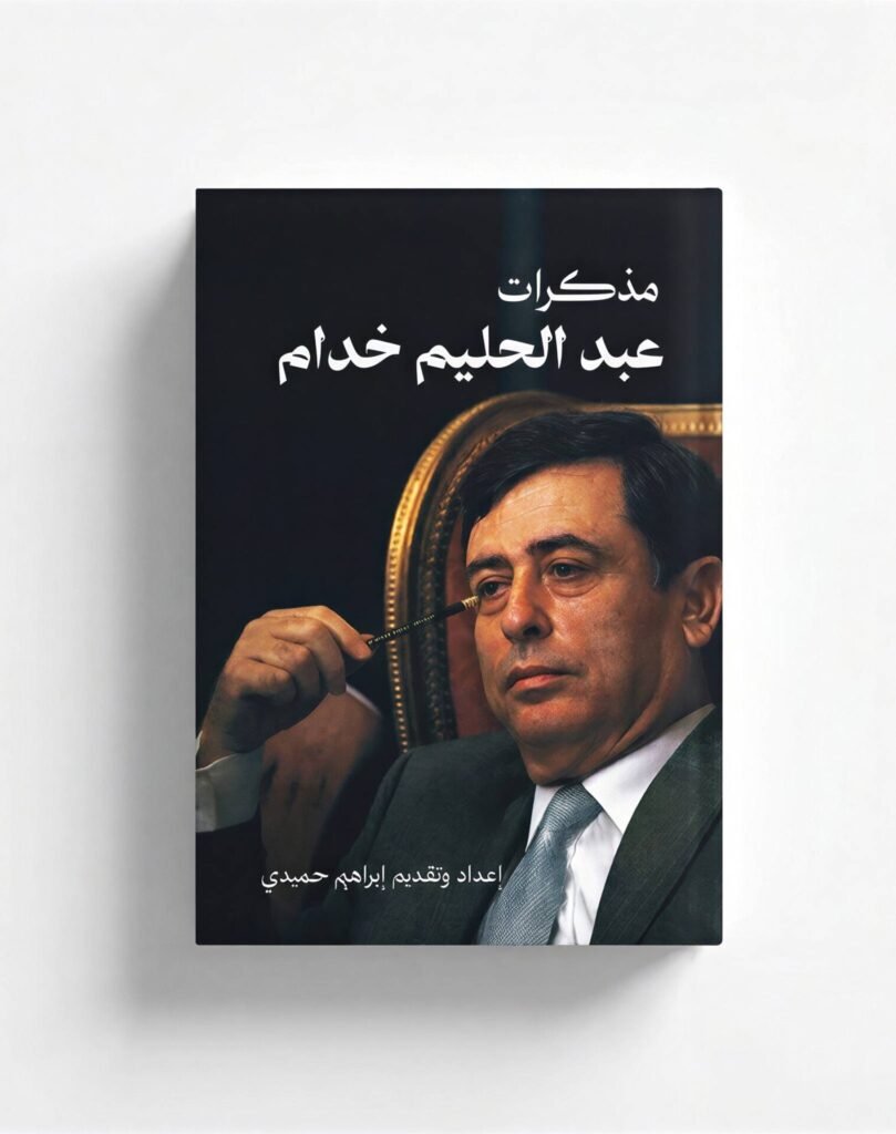 Book cover with a portrait of a man in a suit against a dark background; Arabic title text at the top and bottom edge of the image.