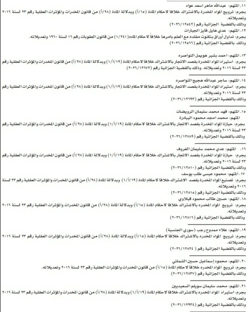 765312 - عروبة الاخباري | Oroba News Arabic legal document listing defendants with charges and case numbers, arranged in numbered lines across a right-to-left page.