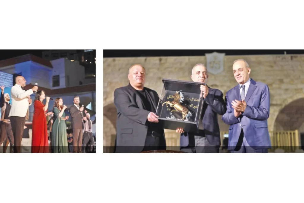 765573 - عروبة الاخباري | Oroba News Two-panel scene: left panel shows a choir singing on stage; right panel shows two men in suits presenting a glass-framed trophy.