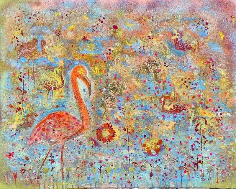 Gal1 - عروبة الاخباري | Oroba News Abstract painting of pink flamingos in a colorful floral landscape with a blue-yellow background.