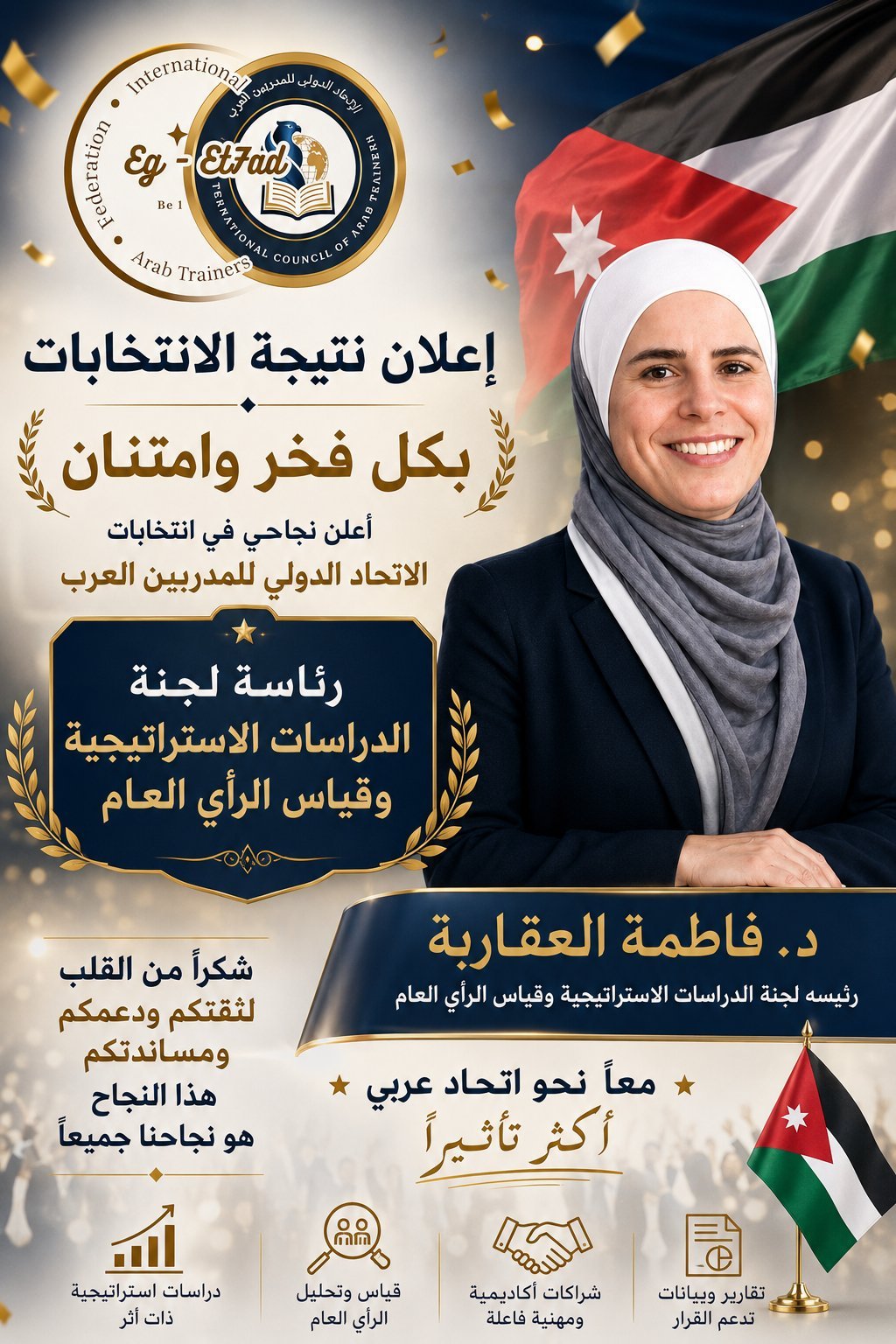 HP5Bq96XYAARMvX - عروبة الاخباري | Oroba News Election results announcement poster in Arabic featuring logos, gold borders, and a smiling woman in a hijab with a Jordanian flag in the background, conveying a campaign or leadership message.