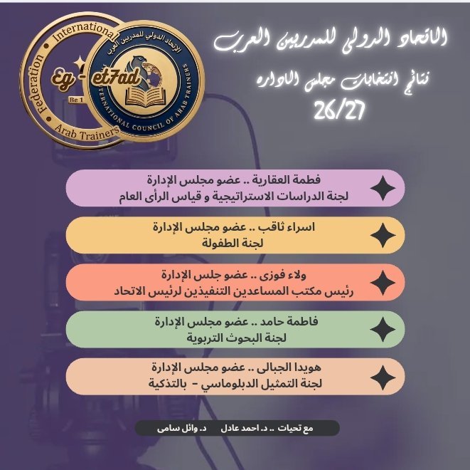 HP5BrqgXsAA9bMc - عروبة الاخباري | Oroba News Poster in Arabic announcing union council election roles and date (26/27), with two logos in the top-left and six rounded badge items listing positions and names on a purple background.