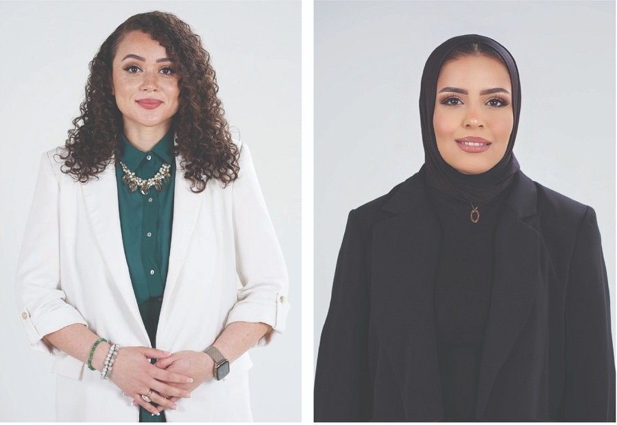 Two professional headshots side by side: left woman in a white blazer with a green blouse and curly hair, right woman in a black blazer wearing a hijab.