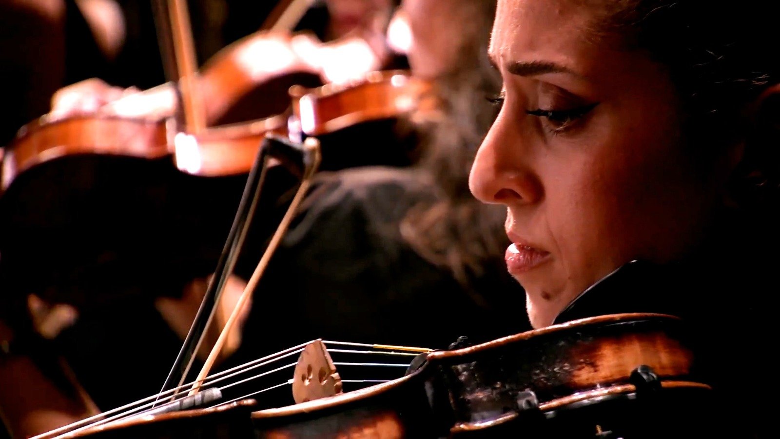 WhatsApp Image 2026-08-29 at 123203 PM 4 - عروبة الاخباري | Oroba News Close-up of a female violinist in profile, focused on playing a violin with a bow across the strings in a dark concert setting.