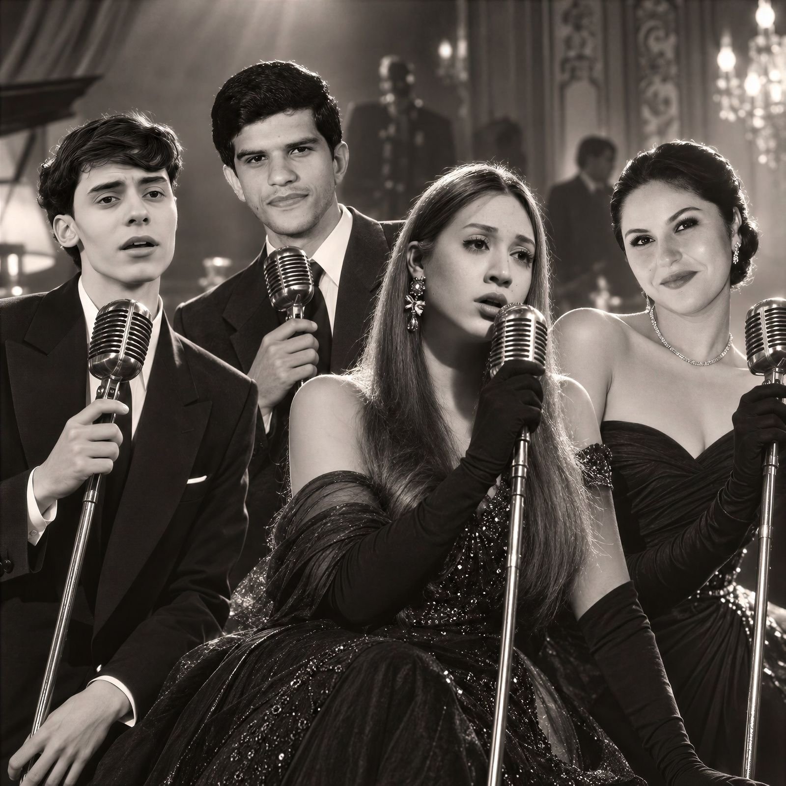 WhatsApp Image 2026-08-29 at 53227 PM - عروبة الاخباري | Oroba News Four young performers in formal attire sing into vintage microphones on a stage in a black-and-white photo.
