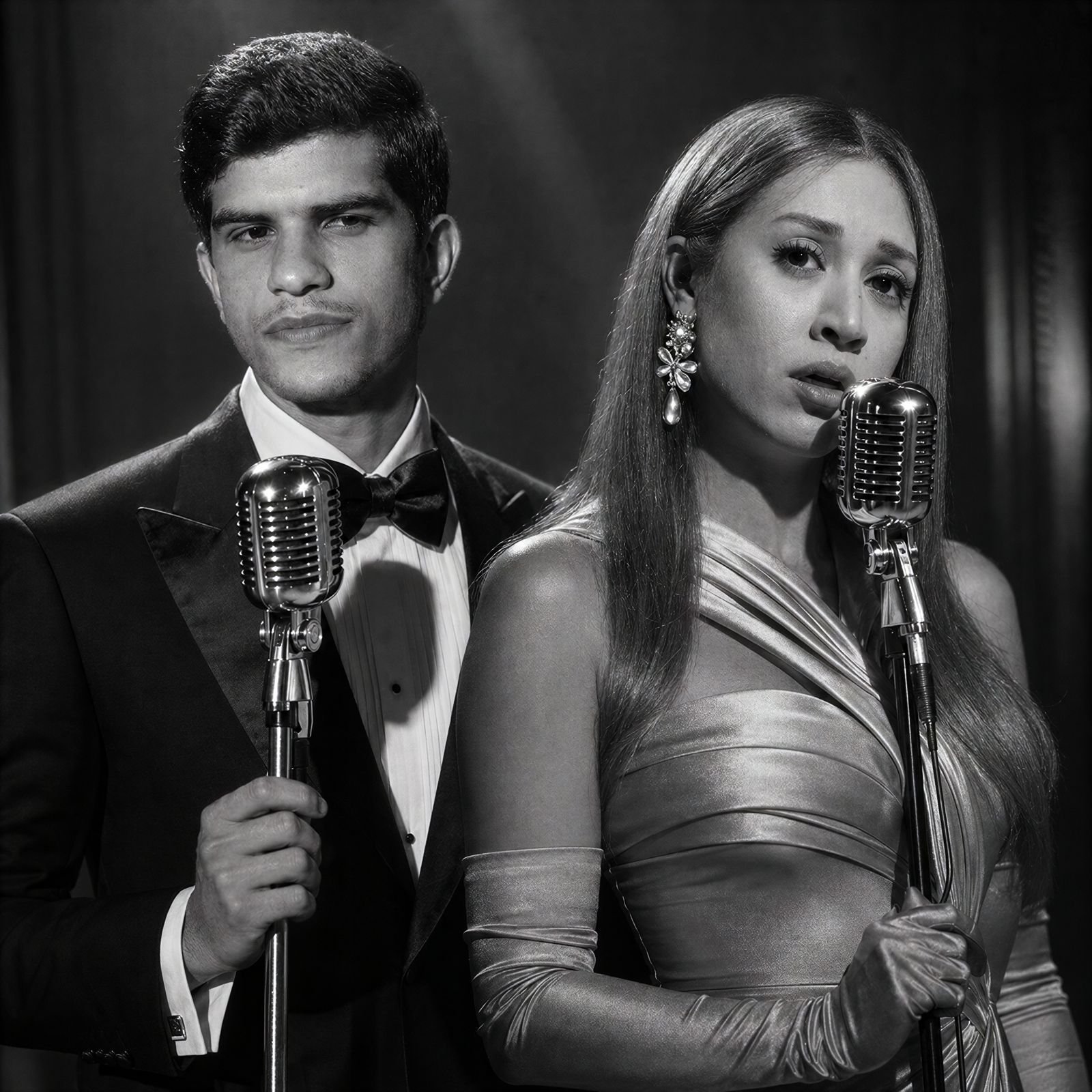 WhatsApp Image 2026-08-29 at 53227 PM2 - عروبة الاخباري | Oroba News Two formally dressed singers, a man in a tuxedo and a woman in a satin gown, stand at vintage microphones on stage.