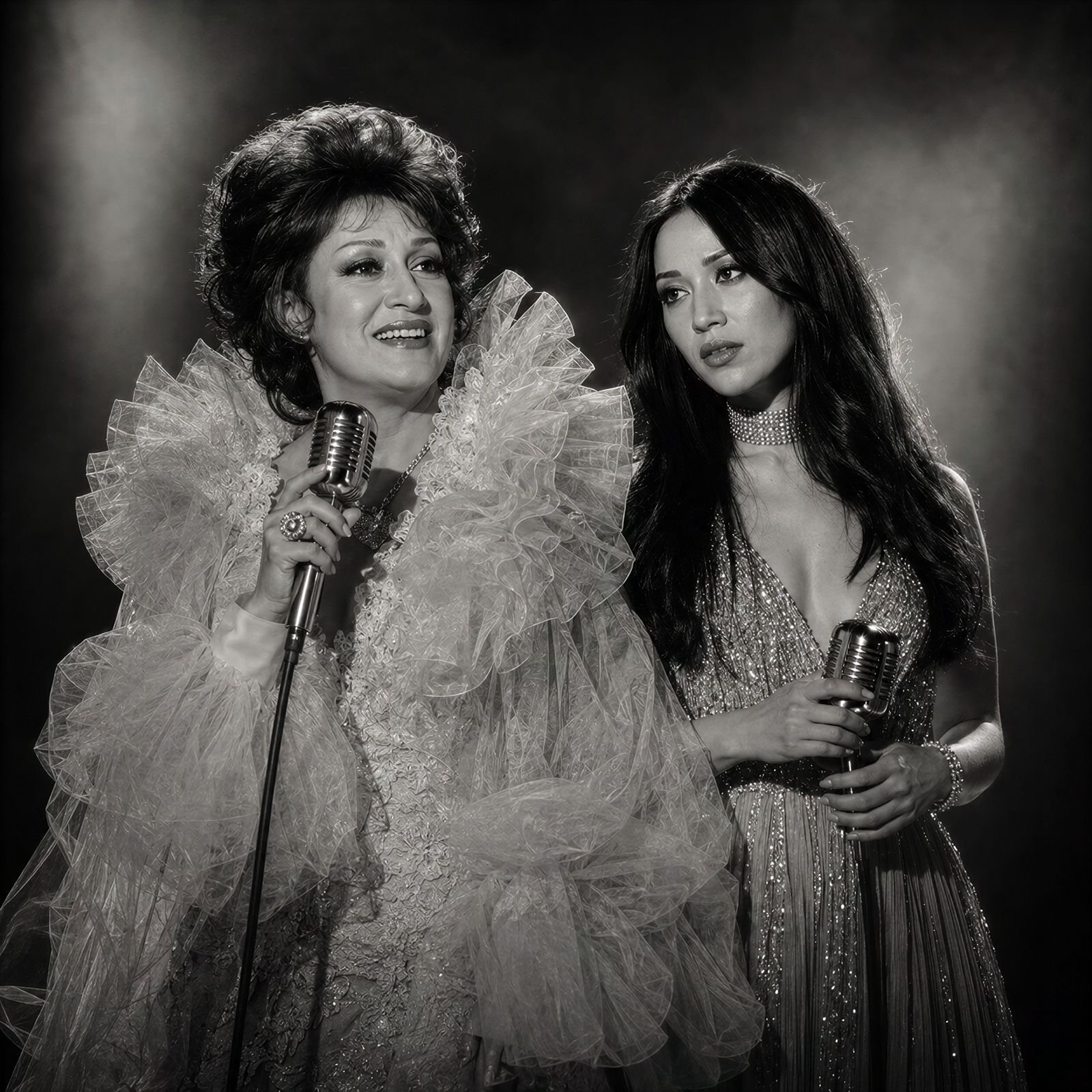 WhatsApp Image 2026-08-29 at 53227 PM4 - عروبة الاخباري | Oroba News Two female singers perform on stage in glamorous vintage gowns, each holding a classic microphone.