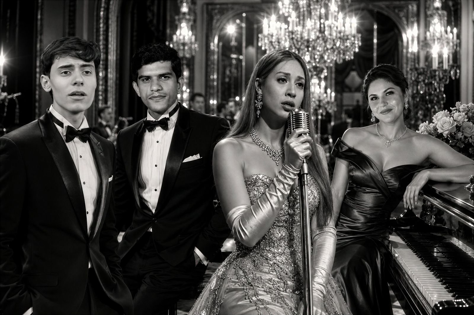 WhatsApp Image 2026-08-29 at 53227 PM5 - عروبة الاخباري | Oroba News Singer in a glittering gown with a vintage microphone, flanked by two men in tuxedos in a luxurious ballroom setting, piano in the foreground.