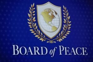 Logo for the Board of Peace: shield with a gold globe, flanked by gold laurel branches on a blue background, with 'Board of Peace' text below.