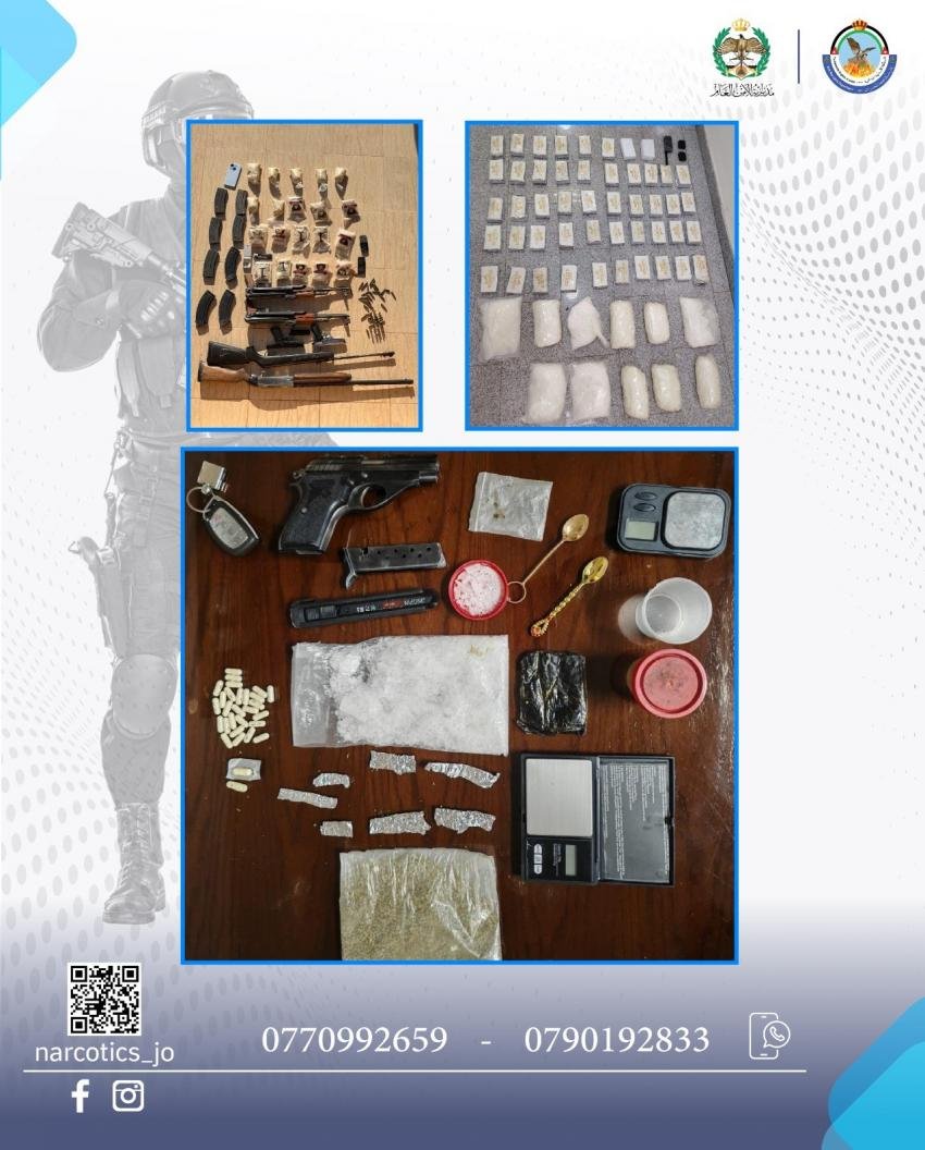 Collection of seized contraband: firearms and blades on a light table, with bags of drugs and a digital scale nearby.