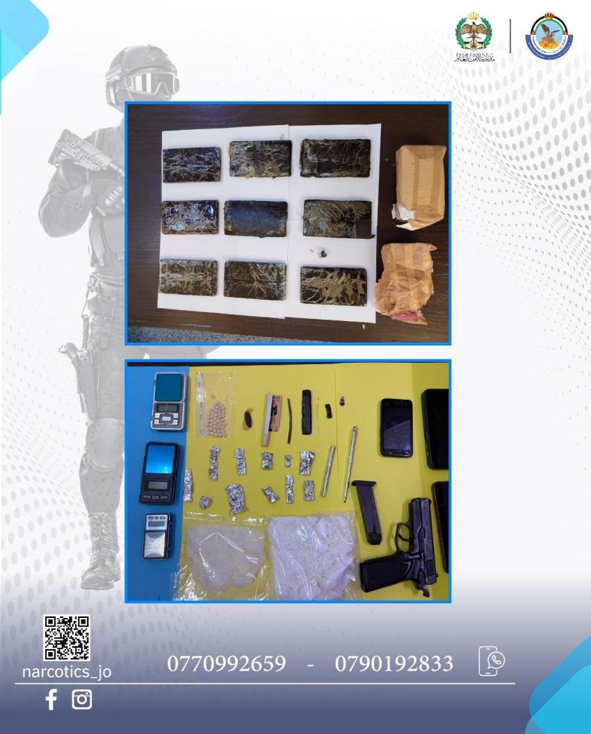 Two blue-framed photos showing seized drugs and weapons: top frame with multiple wrapped brick-like drug packets, bottom frame with scales, small bags, and a handgun on a yellow surface; police logos nearby.