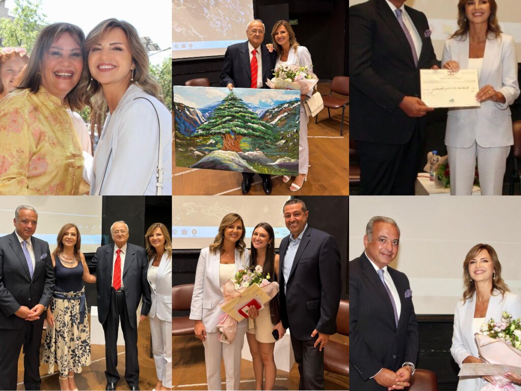 Six-panel collage from a formal ceremony showing attendees posing, a painting gift, and a certificate handover with bouquets nearby.