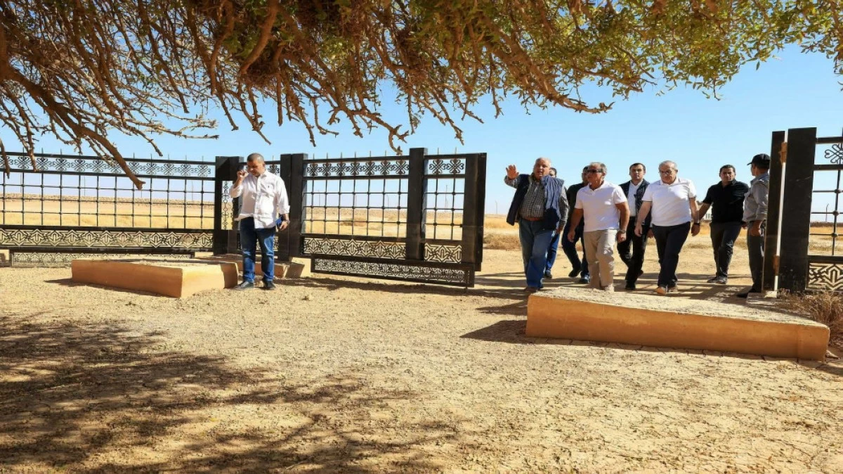 Group of men walking through a decorative iron gate in a dry, sunny landscape beneath a large tree shade.