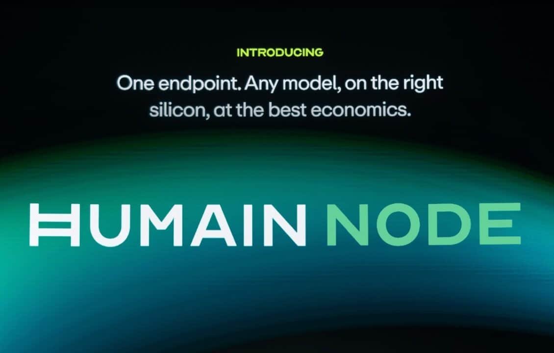 Intro slide for HUMAN NODE: 'One endpoint. Any model, on the right silicon, at the best economics.' on a dark blue-green gradient background.