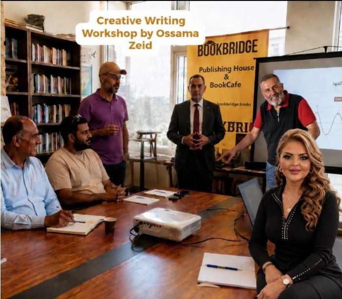 WhatsApp Image 2026-09-02 at 60354 AM2 - عروبة الاخباري | Oroba News Group of six people in a library-like room around a wooden table during a creative writing workshop led by Ossama Zeid, with a banner reading BOOKBRIDGE in the background and a woman seated at the front right. A projector screen shows a slide as others listen and take notes.