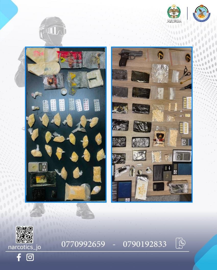 Two blue-framed panels of seized drugs: left shows bags of powder and pills with a scale; right shows wrapped bricks, a handgun, and more packets.